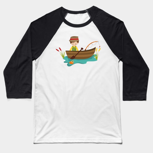 Fishing Boy, Fishing Rod, Fisherman, Brown Hair Baseball T-Shirt by Jelena Dunčević